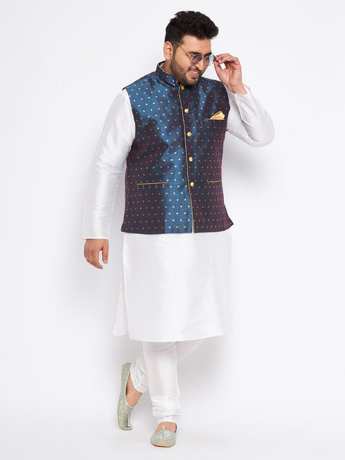Vastramay Men's Plus Size Blue Zari Weaved Nehru Jacket With Kurta Pyjama set